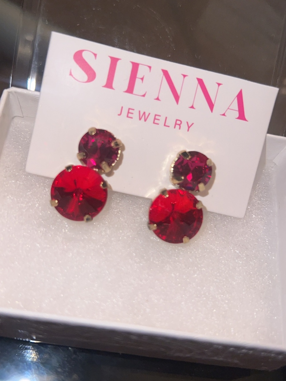 Sienna Jewelry Red/Fuchsia Double Crystal Drop Earrings - Picture 2 of 5